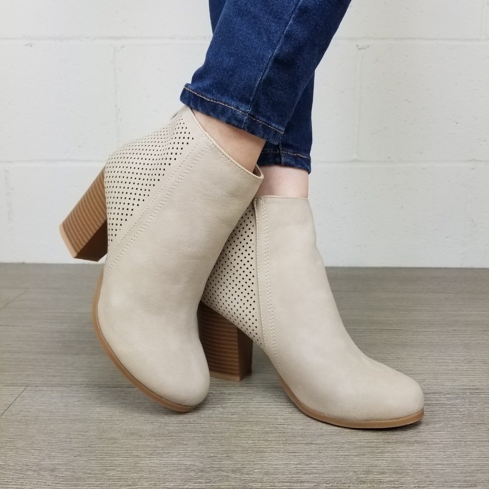 Beige Perforated Design Heel Ankle Booties - Picture 7 of 8